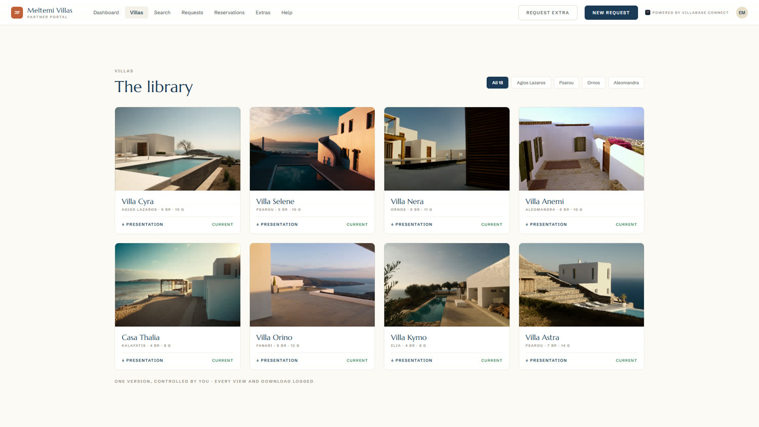 The Connect villa library: every villa with bedrooms, guest capacity, area and a downloadable presentation — demo data