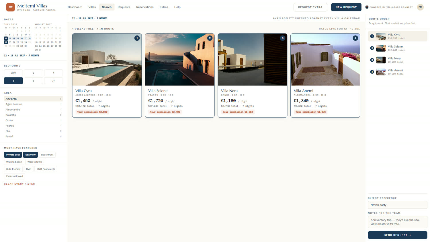 Connect availability search: four villas free for the dates, each with nightly rate, total and the agent's own commission, assembled into a ranked quote — demo data