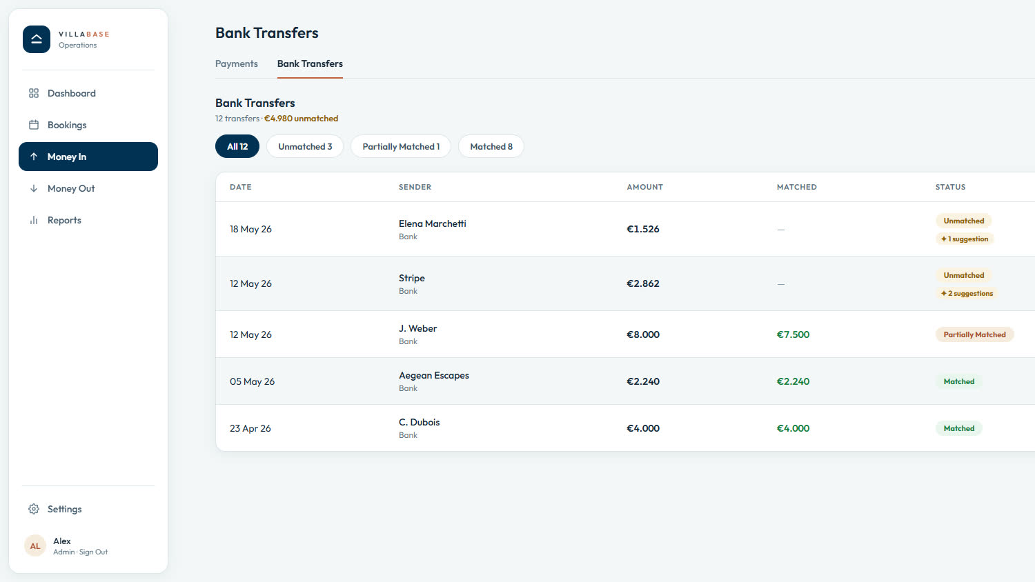 Villabase Flow bank transfers, each line matched or flagged unmatched against expected payments — demo data