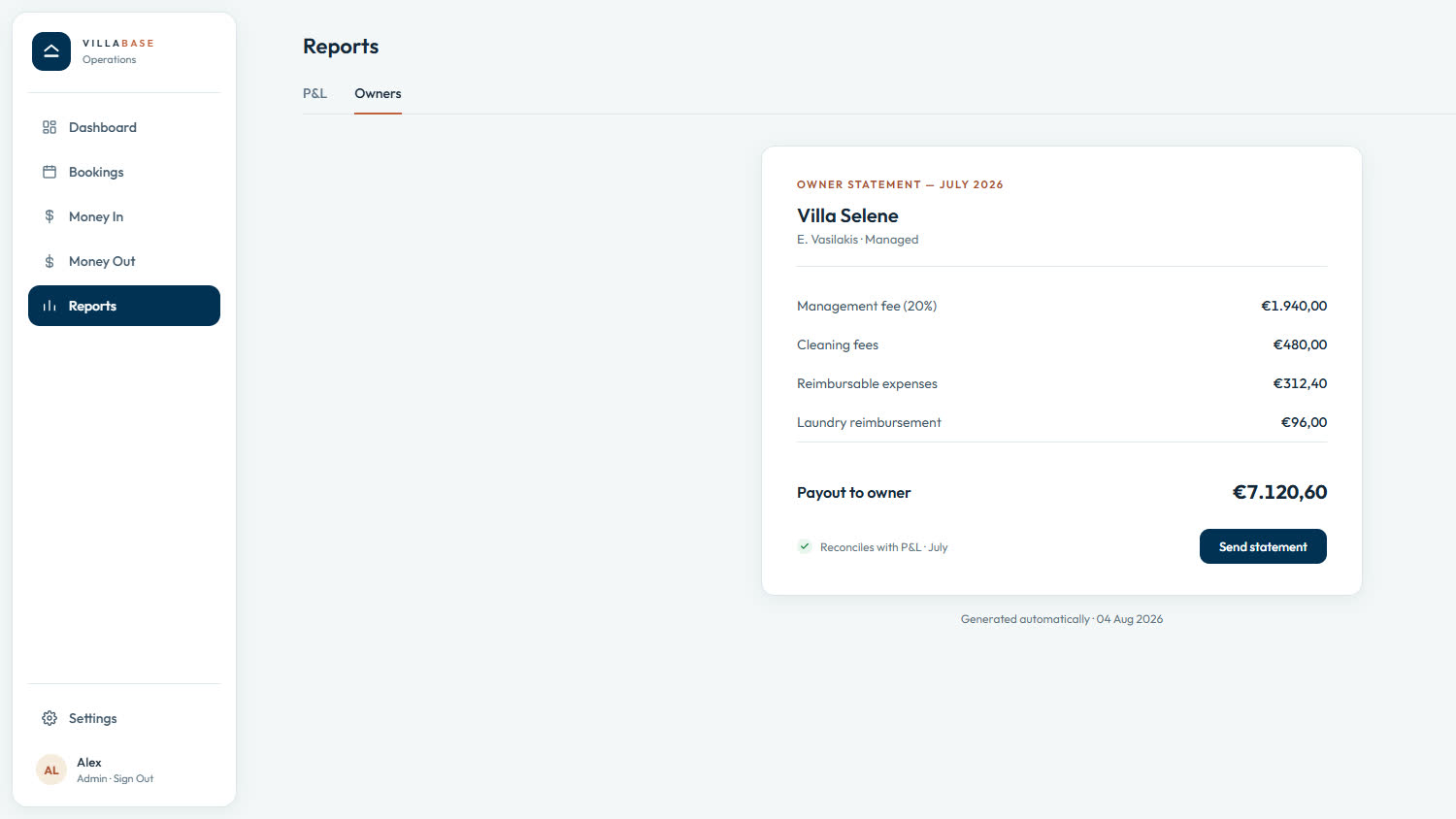 A Villabase Flow owner statement generated from the per-villa P&L — demo data