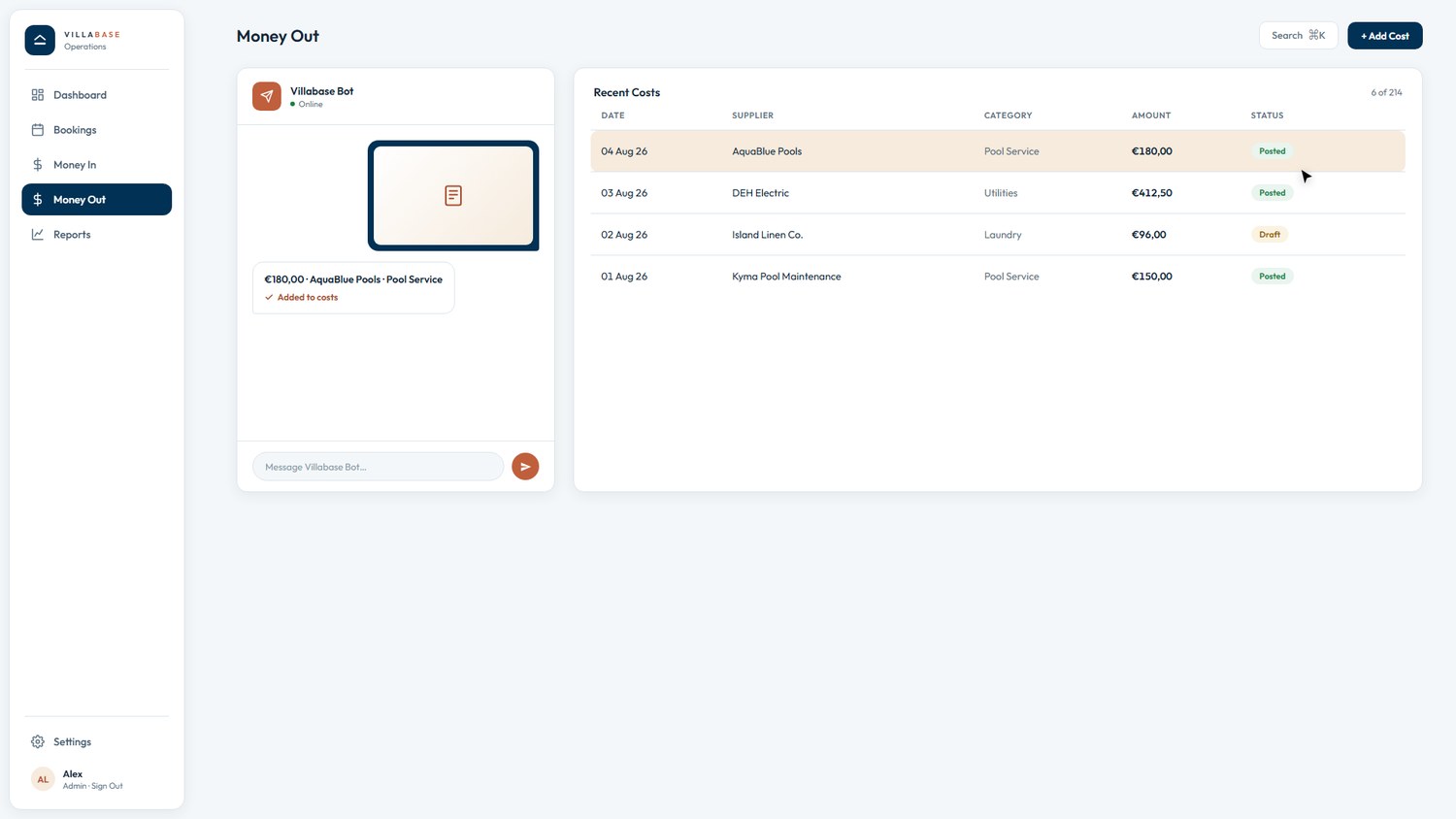 Villabase Bot in Telegram: a typed cost posting straight into Money Out — demo data