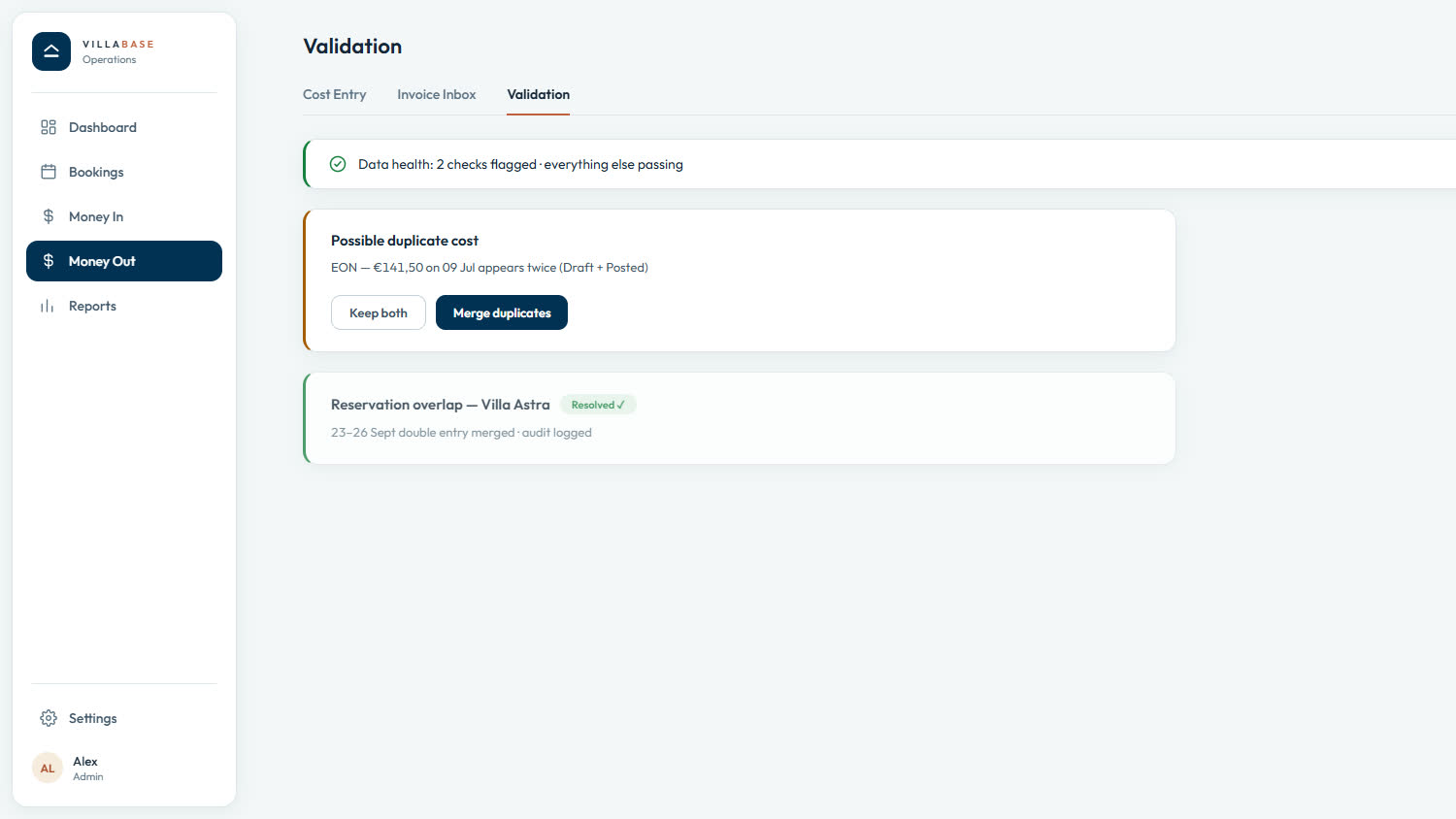 Villabase Flow validation screen: the system's own checks over reservations, payments and costs — demo data