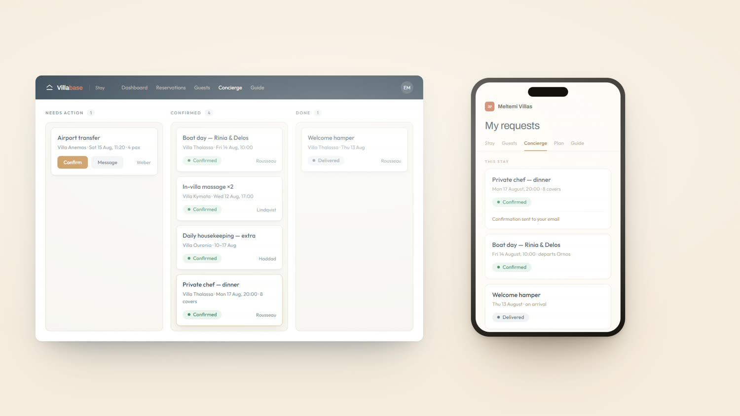 Villabase Stay staff concierge board with requests grouped by state — demo data