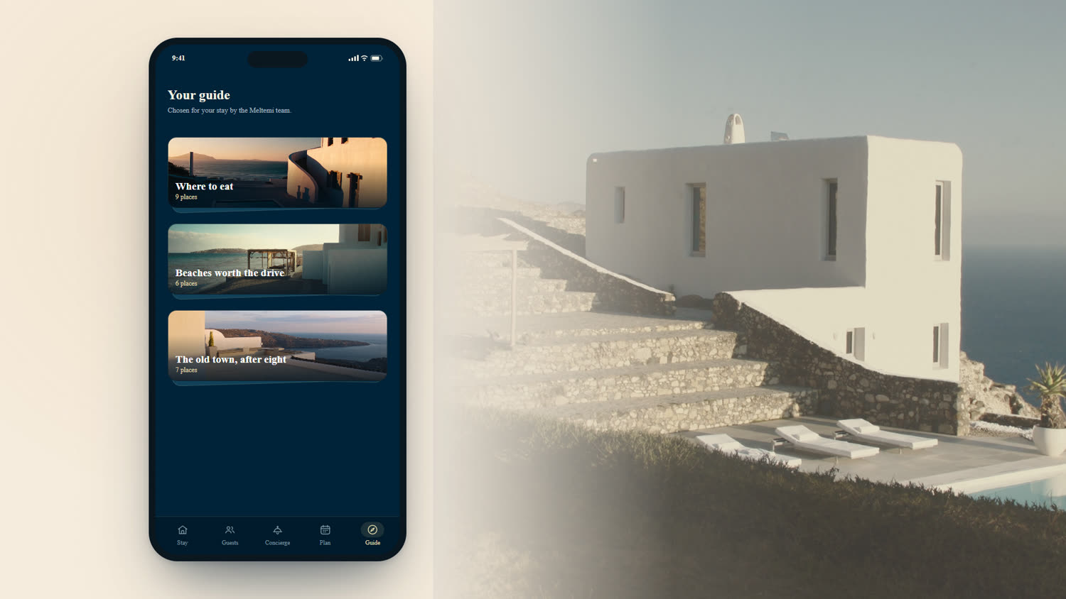 Villabase Stay guest guide showing curated collections of places — demo data