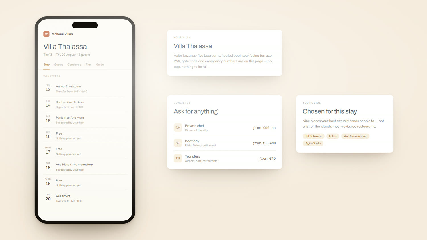 Villabase Stay guest portal showing a day-by-day plan for one reservation — demo data