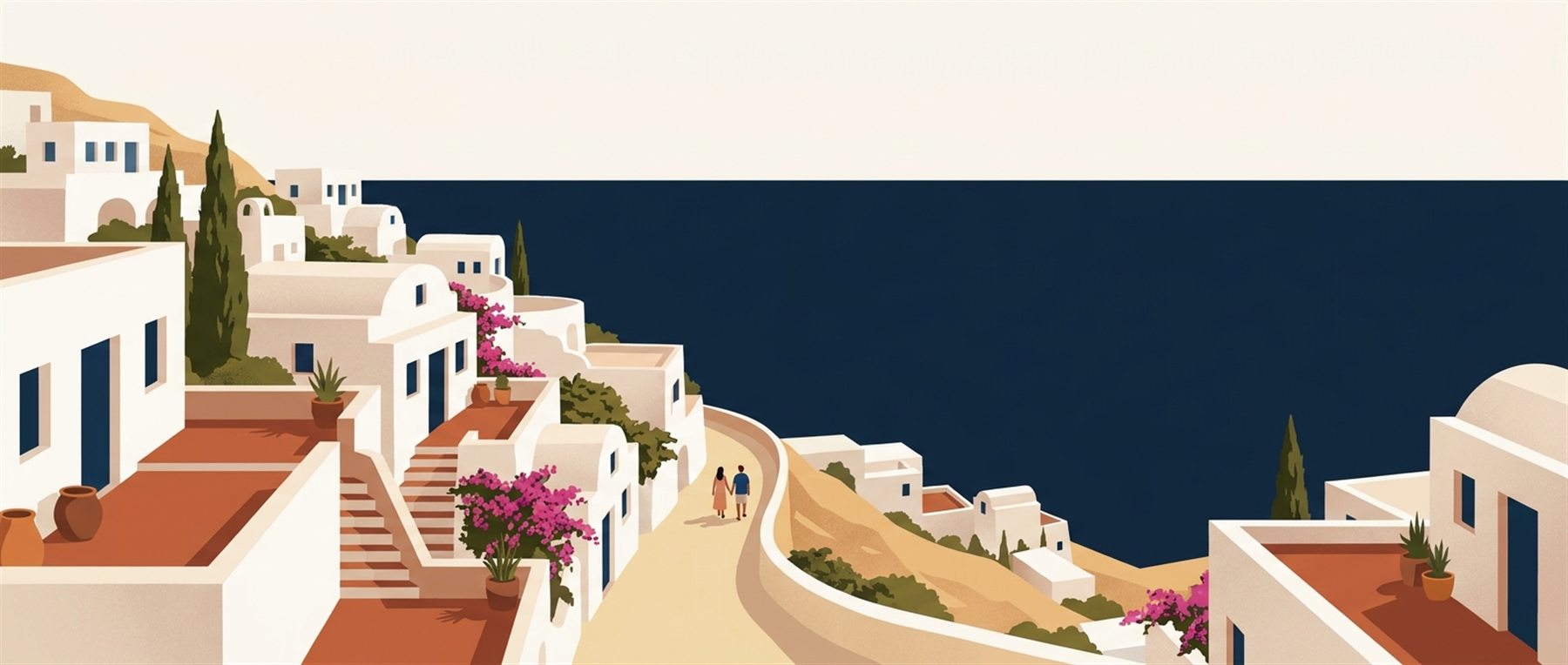 Illustrated Cycladic village above the Aegean