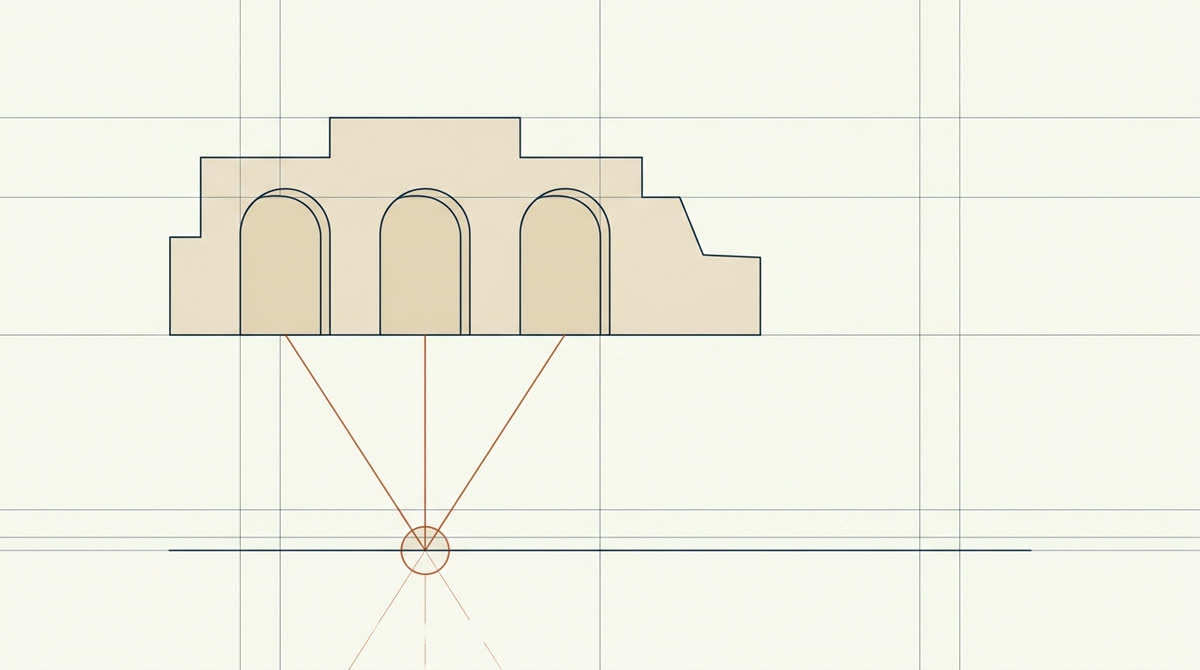 Three arched doorways joined by lines to a single point below ground