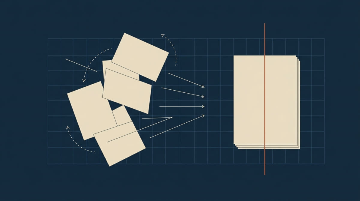 Loose paperwork sliding into one aligned stack