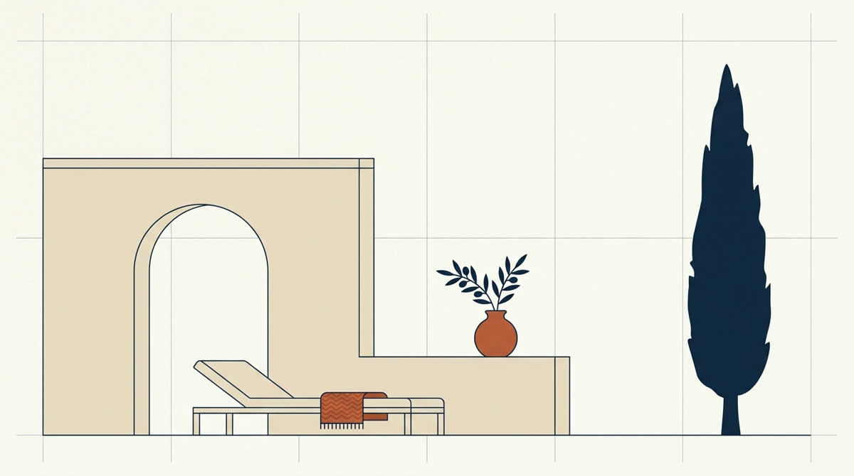 A villa terrace at rest: an arch, a lounger, an olive branch, a cypress